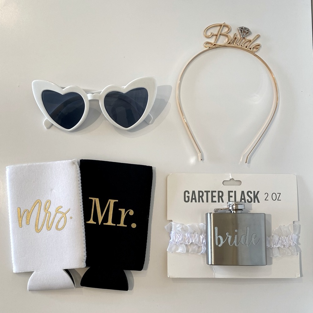 Bridal Bundle: Heart Sunglasses, Mr.&Mrs. Koozies, “Bride” Tiara, + Flask Garter